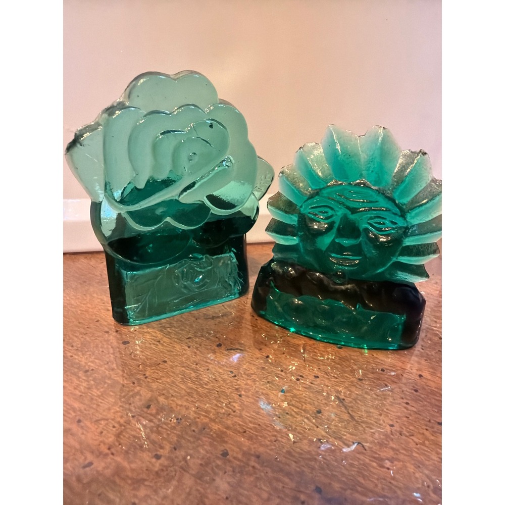 Vintage Teal Green Glass Votive Candle Holders Pair Sun Face Rose Whimsigoth